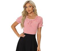 Allegra K Gingham Top for Woman's Christmas 2025 Plaid Peasant Round Neck Ruffles Cute Puff Sleeve Tops X-Large Red