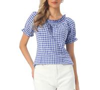 Allegra K Gingham Top for Women's Peasant Ruffles Puff Sleeve Plaid Blouse