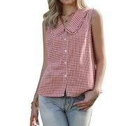Allegra K Gingham Top for Women's Peter Pan Collar Shirt Button Down Blouse | Button Down Closure, Sleeveless, Peter Pan Collar with Ruffled Trim, Gingham Pattern, Casual, Cute, Plaid