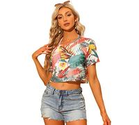 Allegra K Hawaiian Crop Top for Women's Short Sleeve Leaves Print Tropical Top Green XS