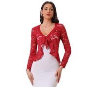 Allegra K Lace Bolero for Women's Christmas Tie Front Cardigan Ruffled Hem Formal Office Sheer Crop Shrug X-Large Red
