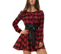 Allegra K Lady Button Cuff Plaids Pattern Casual Shirt Dress w Belt Red Black S (UK 8) Red