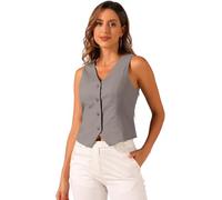 Allegra K Linen Vest Waistcoat for Women's Fashion Sleeveless Button Down V Neck Crop Top Summer Vest Dark Grey Small