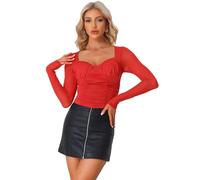 Allegra K Long Sleeve Mesh Tops for Women's Sweetheart Neck 2023 Fall Trendy Ruched Blouse with Padded Bust Red XL