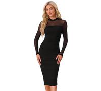 Allegra K Mesh Dress for Women's Mock Neck Long Sleeve Ruch Elegant Cocktail Bodycon Dresses Black L