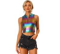 Allegra K Metallic Crop Top for Women’s Mock Neck Zipper Front Sleeveless Holographic Sparkle Party Tops Multicolor Black 16
