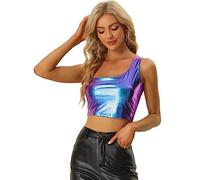Allegra K Metallic Crop Top for Women's One Shoulder Halloween Day Party Clubwear Shiny Holographic Tank Tops Blue Purple S