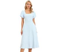 Allegra K Midi Dress for Women's Summer Square Neck Short Puff Sleeve Casual A Line Jacquard Floral Dresses Blue S