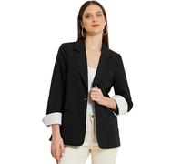 Allegra K Notched Lapel One Button Blazer for Women Roll Up Sleeve Office Work Suit Jacket with Pockets Black M