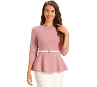 Allegra K Peplum Tops for Women's 3/4 Sleeve Belted Elegant Teacher Business Work Blouses Grey Pink XS