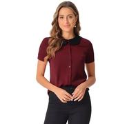 Allegra K Peter Pan Collar Blouse for Women's Contrast Collar Short Sleeve Work Office Button Down Chiffon Top Wine Red L