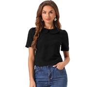 Allegra K Peter Pan Collar Blouse for Women's Floral Jacquard Puff Short Sleeve Kawaii Top Black L