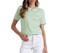 Allegra K Peter Pan Collar Blouse for Women's Floral Jacquard Puff Short Sleeve Kawaii Top Green L