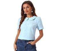 Allegra K Peter Pan Collar Blouse for Women's Floral Jacquard Puff Short Sleeve Kawaii Top Light Blue L