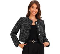 Allegra K Plaid Tweed Jacket for Women's Crew Neck Cropped Button Up Elegant Work Jackets Black S