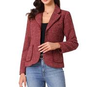 Allegra K Plaid Tweed Jacket for Women's Notch Lapel Button Elegant Long Sleeve Blazer Jackets Dark Red M