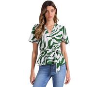Allegra K Printed Peplum Top for Women's Flutter Sleeves Elastic Waist Belt Wrap V Neck Blouse Green White L