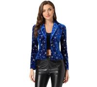 Allegra K Printed Velvet Blazer for Women's 1 Button Business Office Crop Metallic Stars Jacket Suits Royal Blue-Star S