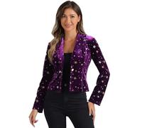 Allegra K Printed Velvet Blazer for Women's 1 Button Business Office Crop Metallic Stars Jacket Suits Dark Purple-Star M
