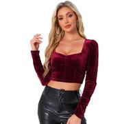 Allegra K Ruched Sleeve for Women's Sweetheart Neck Party Velvet Crop Tops Wine Red XL