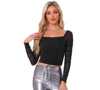 Allegra K Ruched Tops for Women's Cropped Glitter Long Sleeve Mesh Blouse Black L