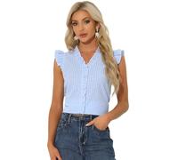 Allegra K Ruffle Shirt for Women's 50s V Neck Cap Sleeve Plaid Gingham Blouse Blue XL
