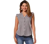 Allegra K Ruffle Shirt for Women's 50s V Neck Cap Sleeve Plaid Gingham Blouse Brown L