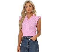 Allegra K Ruffle Shirt for Women's 50s V Neck Cap Sleeve Plaid Gingham Blouse Pink XS