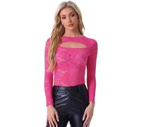 Allegra K See Through Top for Women's Cut Out Long Sleeve Semi Sheer Fitted Lace Top Hot Pink L