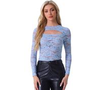 Allegra K See Through Top for Women's Cut Out Long Sleeve Semi Sheer Fitted Lace Top Sky Blue XL