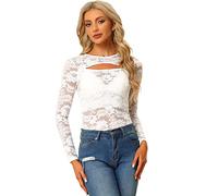 Allegra K See Through Top for Women's Cut Out Long Sleeve Semi Sheer Fitted Lace Top White M