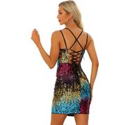 Allegra K Sequin Bodycon Mini Dress for Women's Spaghetti Straps Lace-up Party Club Sparkle Glitter Dress Blue Red Gold L