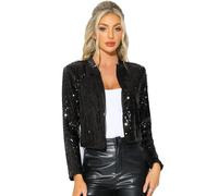 Allegra K Sequin Crop Jacket for Women's Party Long Sleeve Open Front Sparkle Glitter Blazer Black S