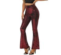 Allegra K Sequin Pants for Women Sparkle Bell Bottoms Stretch Shiny Flare Pants Red S