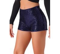 Allegra K Sequin Shorts for Women Midrise Solid Zipper Elastic Waist Sparkle Cocktail Night Out Shorts Dark Blue S