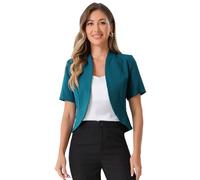 Allegra K Short Sleeve Blazer for Women's St. Patrick's Day Business Suit Jacket Collarless Cardigan Blue Green XL