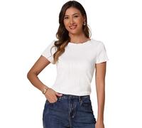 Allegra K Short Sleeve Blouse for Women's Summer Round Neck Textured Ribbed Knit Top White l