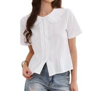 Allegra K Short Sleeve Shirts for Women Ruffle Peter Pan Collar Button Down Cotton Blouse Casual Summer Tops White XL