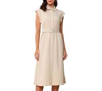Allegra K Sleeveless Dresses for Women's Collared Button Down Belted Waist Midi Work Dresses Apricot M