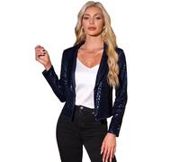 Allegra K Sparkly Cropped Cardigan for Women's Open Front Sequin Bolero Shrug Dark Blue XL