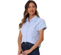 Allegra K Striped Button Down Shirts for Women's Summer Cotton Casual Short Sleeve Blouse Tops Light Blue l