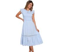 Allegra K Summer Boho Midi Dress for Women's Flutter Sleeve Lace Trim Smocked Ruffle Flowy Beach Dress Blue XL