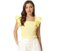 Allegra K Summer Gingham Tops for Women's Square Neck Ruffle Sleeve Plaid Blouse Yellow S
