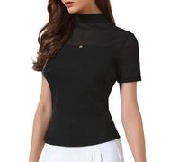 Allegra K Summer Mock Turtle Neck Short Sleeve Tops for Women Sheer Mesh Shirts Basic Going Out Outfits Black M