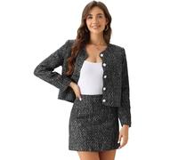 Allegra K Tweed Blazer Set for Women's Elegant Work 2 Piece Blazer Skirt Suit Black M