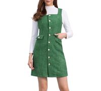 Allegra K Tweed Dress for Women's Sleeveless Square Neck Button Up A-Line Pinafore Overall Dresses Green XS