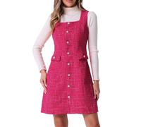 Allegra K Tweed Dress for Women's Sleeveless Square Neck Button Up A-Line Pinafore Overall Dresses Hot Pink S