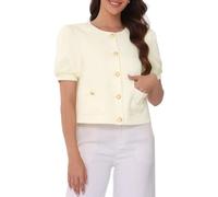 Allegra K Tweed Jacket for Women's Summer Puff Short Sleeve Round Neck Front Open Work Vintage Top Beige M