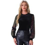 Allegra K Velvet Sequin Sleeve Top for Women's Long Sleeve Round Neck Party Club Blouse Tops Black XL