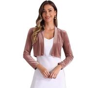 Allegra K Velvet Shrug for Women's Long Sleeve Open Front Cardigan Cropped Bolero Jacket Dusty Pink XS